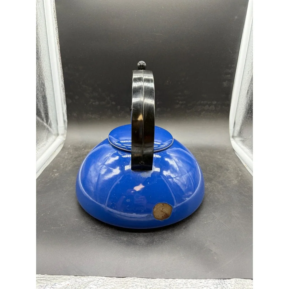 Vintage Cobalt Blue Enamel Tea Kettle Stovetop Pot Arched Black Handle MCM Style
